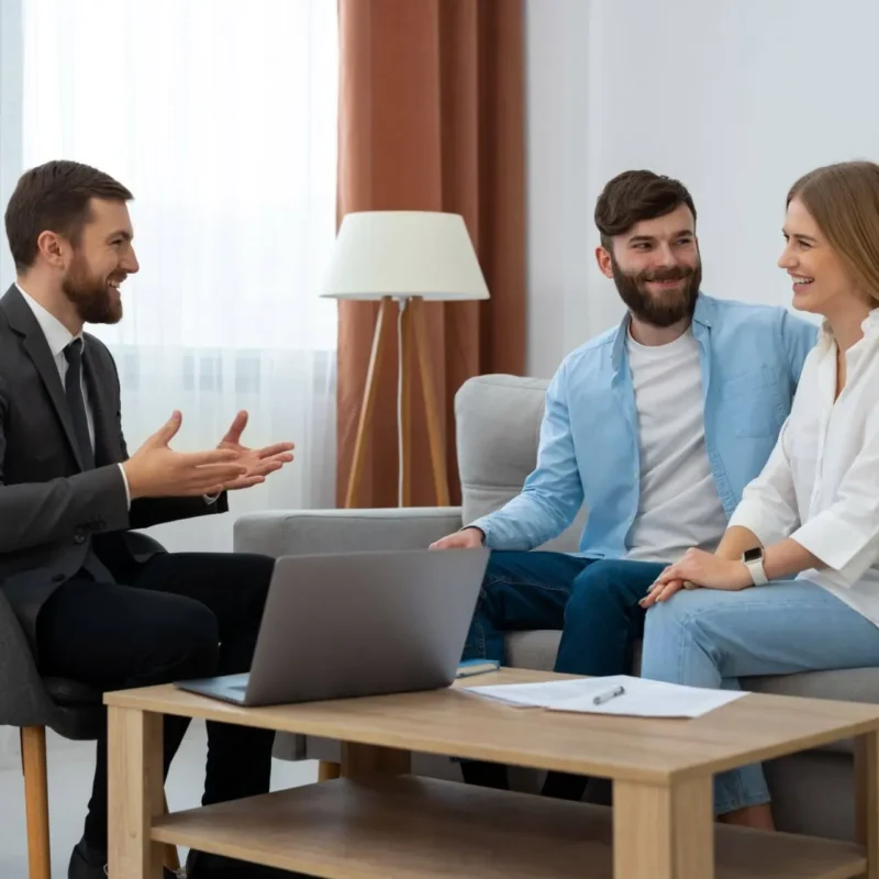 Consultor conversa com casal em sala de estar, durante reunião particular com notebook e documentos sobre planejamento financeiro e orientação de seguro de vida. Entenda como funciona o seguro de vida.